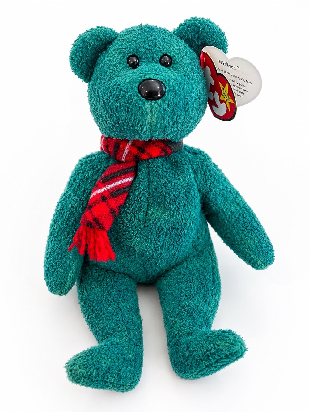 Vintage Beanie Baby Wallace Teal Plush Bear Red Plaid Scarf Stuffed Toy 1999